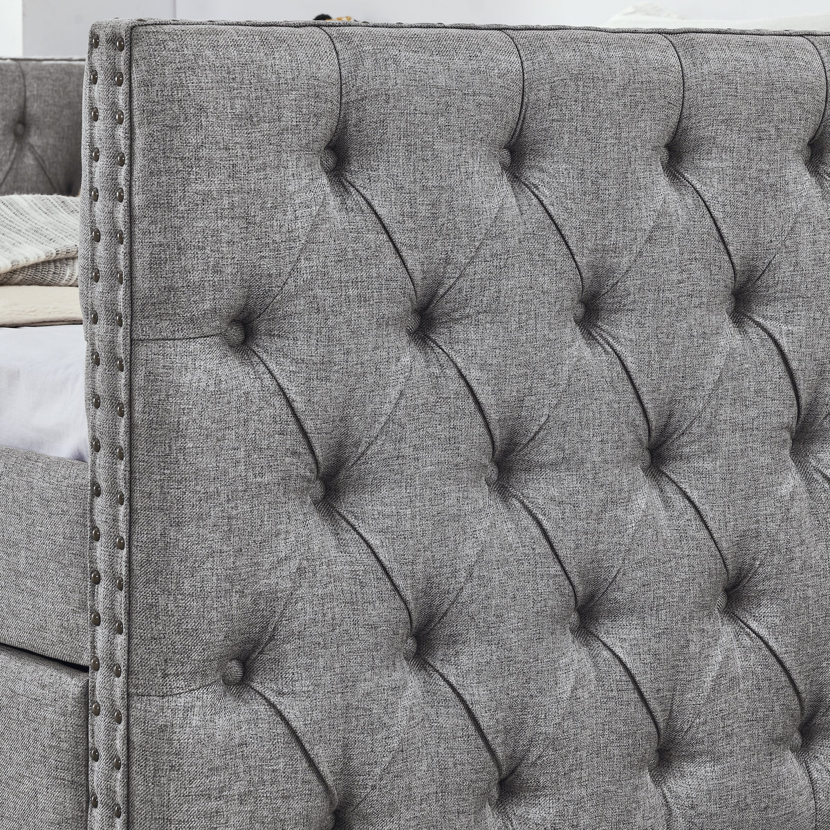 Upholstered Full Size Daybed with Two Drawers, with Button and Copper Nail on Square Arms, Grey (82.75''x58''x30.75'') W487S00218-djyc