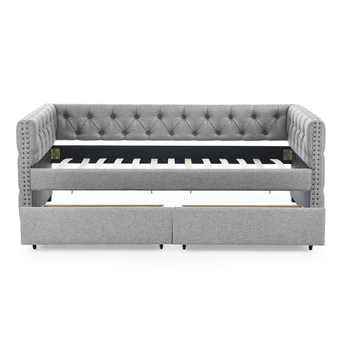 Upholstered Twin Size Daybed with Two Drawers, with Button and Copper Nail on Square Arms, Grey (82.75''x43''x30.75'') W487S00216-djyc