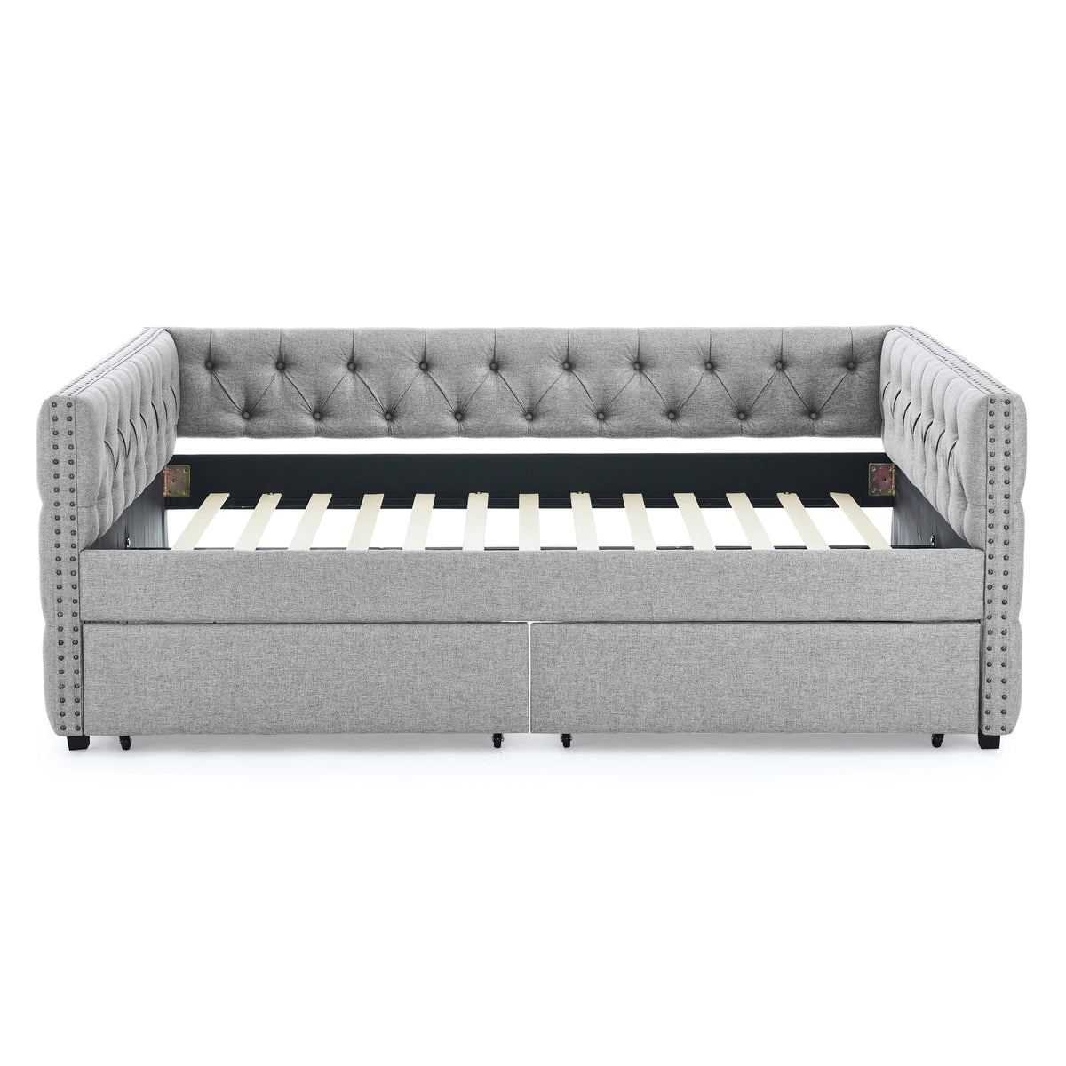 Upholstered Full Size Daybed with Two Drawers, with Button and Copper Nail on Square Arms, Grey (82.75''x58''x30.75'') W487S00218-djyc