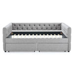Upholstered Full Size Daybed with Two Drawers, with Button and Copper Nail on Square Arms, Grey (82.75''x58''x30.75'') W487S00218-djyc