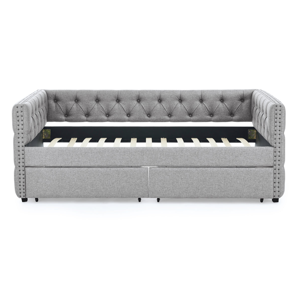 Upholstered Twin Size Daybed with Two Drawers, with Button and Copper Nail on Square Arms, Grey (82.75''x43''x30.75'') W487S00216-djyc