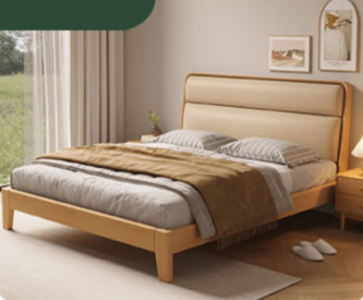Stylish Multi-Tone Bed with Light Brown, Gray, Orange, Blue Synthetic Leather & Oak-Pine Wood Finish hbzwg-633