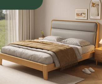 Stylish Multi-Tone Bed with Light Brown, Gray, Orange, Blue Synthetic Leather & Oak-Pine Wood Finish hbzwg-633
