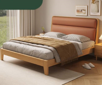Stylish Multi-Tone Bed with Light Brown, Gray, Orange, Blue Synthetic Leather & Oak-Pine Wood Finish hbzwg-633