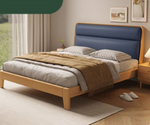 Stylish Multi-Tone Bed with Light Brown, Gray, Orange, Blue Synthetic Leather & Oak-Pine Wood Finish hbzwg-633