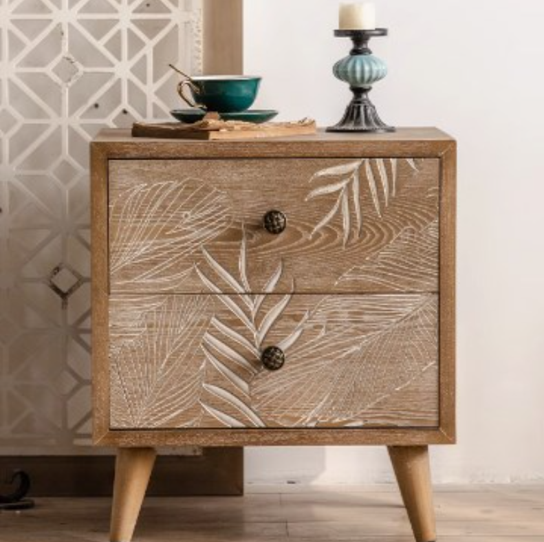 Elegant Floral Carved Bedside Cupboard in Chinese Fir & Density Board hdst-4219