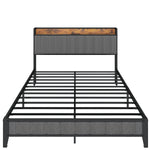 Queen Size Bed Frame with Charging Station, Upholstered Headboard, Metal Platform, Grey W1960131346-djyc