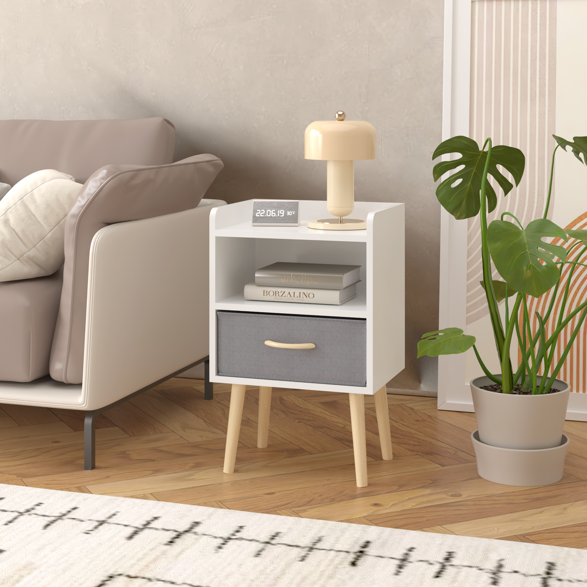 2PC Nightstand With Collapsible Fabric Drawer, 2-Tier Storage End Table, Wood Side Table with Storage Cabinet for Bedroom, Living Room - White W808P204530-djyc