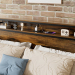 Queen Size Bed Frame, Storage Headboard with LED light, Charging Station, Solid and Stable, Noise Free, No Box Spring Needed, Easy Assembly, Vintage Brown W1903P151337-djyc