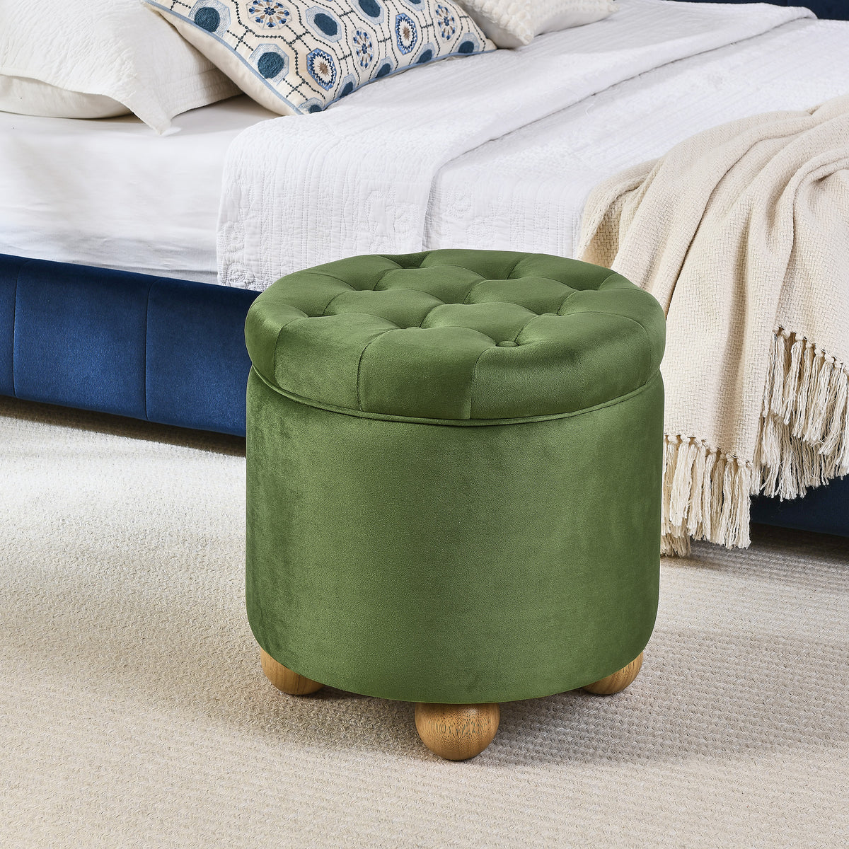 Round Storage Ottoman, multi-functional round flannel button Ottoman, lid can be turned over as a table top, with storage space-GREEN W487P243603-djyc