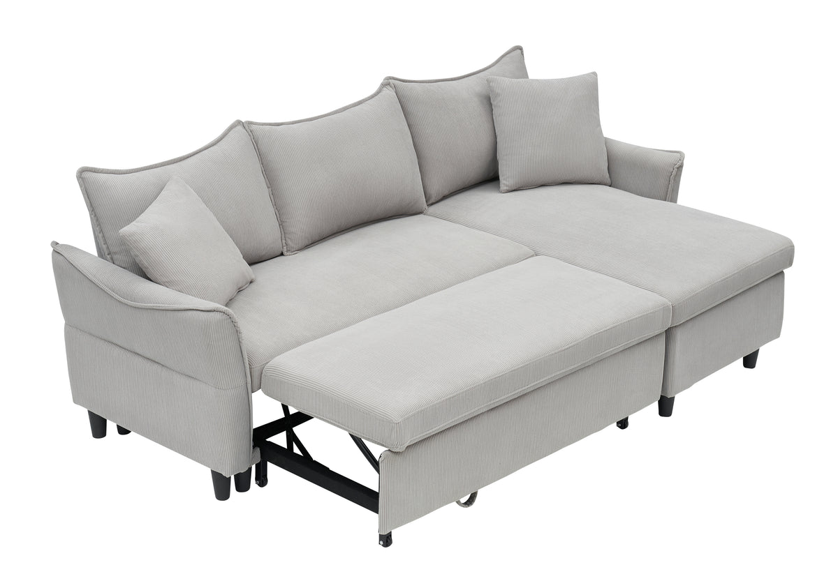 This 80-inch gray corduroy L-shaped sofa comes with two small throw pillows that can be converted into a sofa bed for storage W1278S00027-djyc