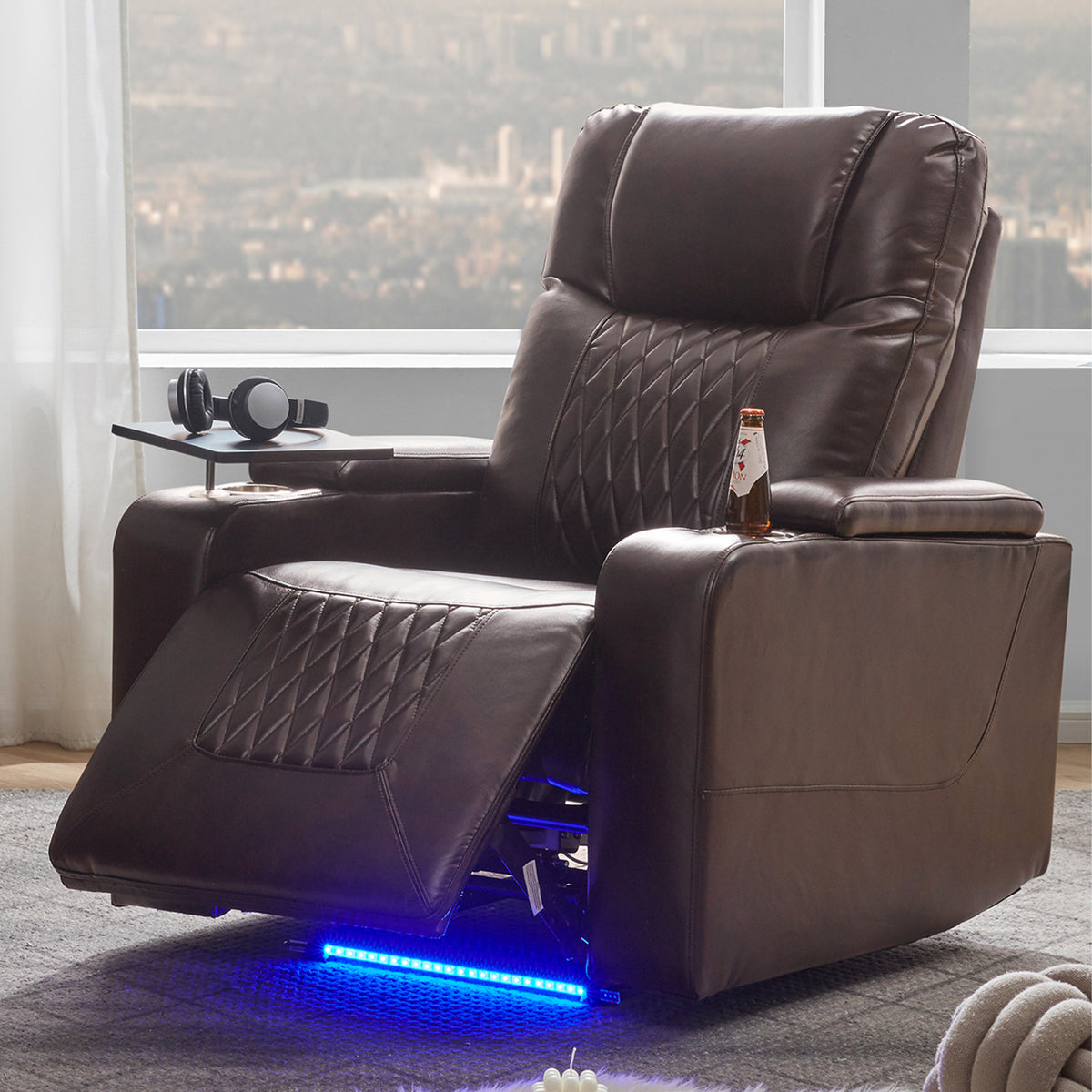 Power Motion Recliner with USB Charging Port and Hidden Arm Storage 2 Convenient Cup Holders Design and 360° Swivel Tray Table,Brown (old sku: SG000630AAD) SG000630ADD-djyc