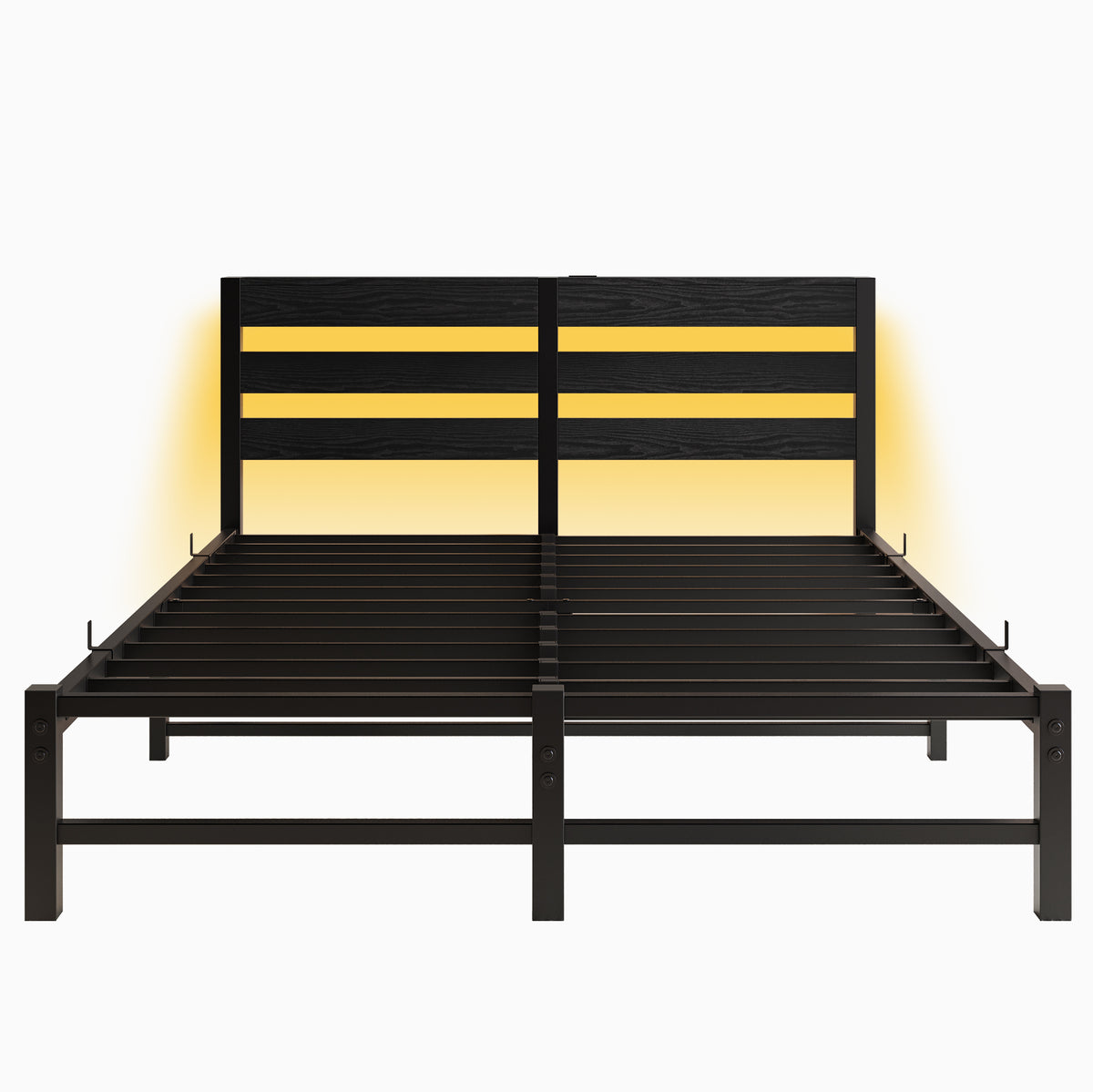 Queen SizeMetal Bed Frame with Wooden Headboard, RGB Lights, Charger, Storage Shelf, Noise-Free, No Box Spring Needed, Black W840P209907-djyc