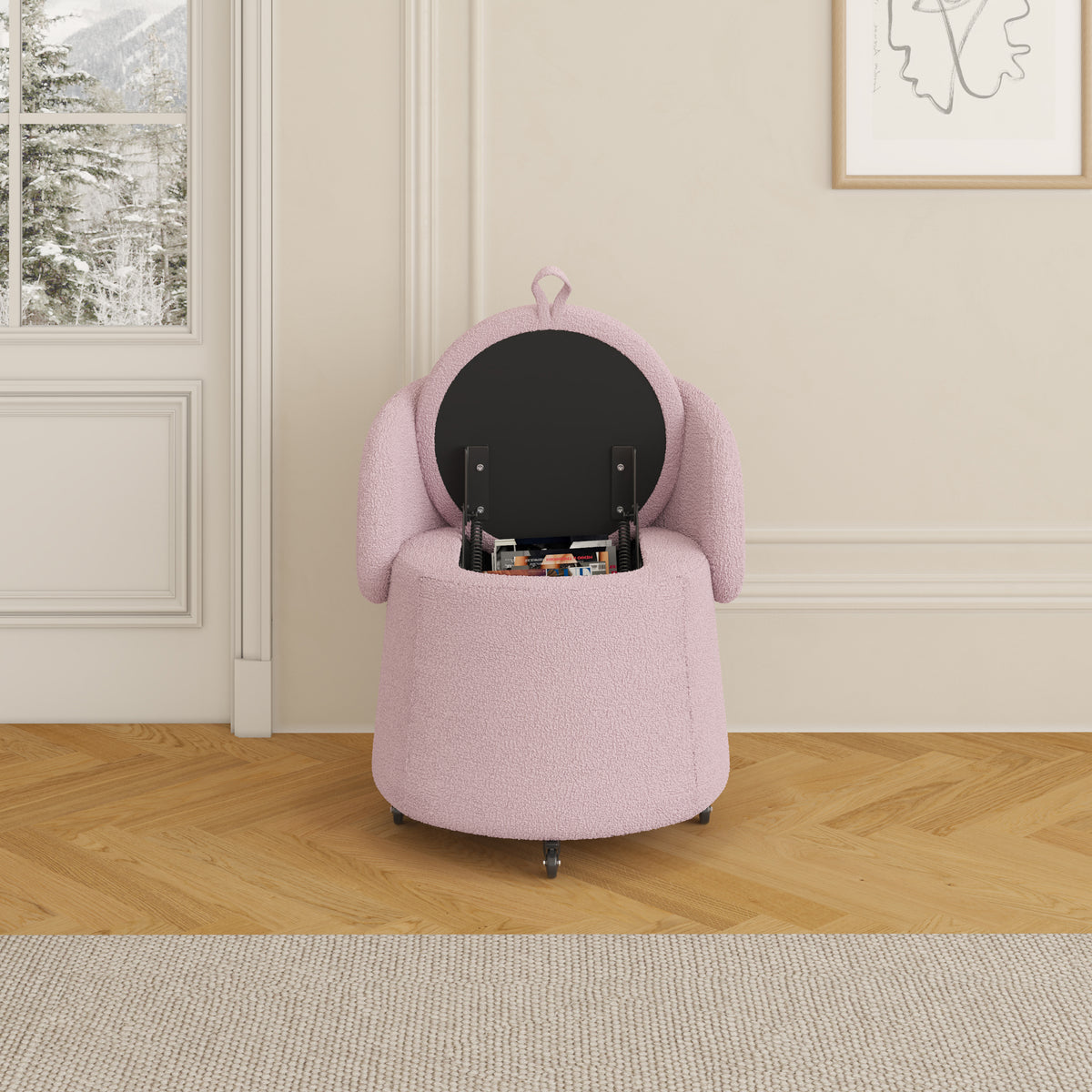 Versatile 23" Storage Stool: Multi-Functional Pink Teddy Fleece Design, Enhances Functionality in Bedrooms & Living Rooms W1278122696-djyc