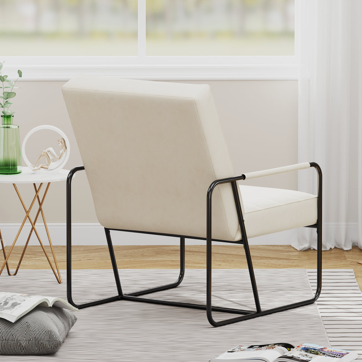 Modern Metal Framed Armchair with Beige Technical Leather, Stylish & Comfortable Indoor Lounge Accent Chair for Living Room, Office,Bedroom W1669P197989-djyc