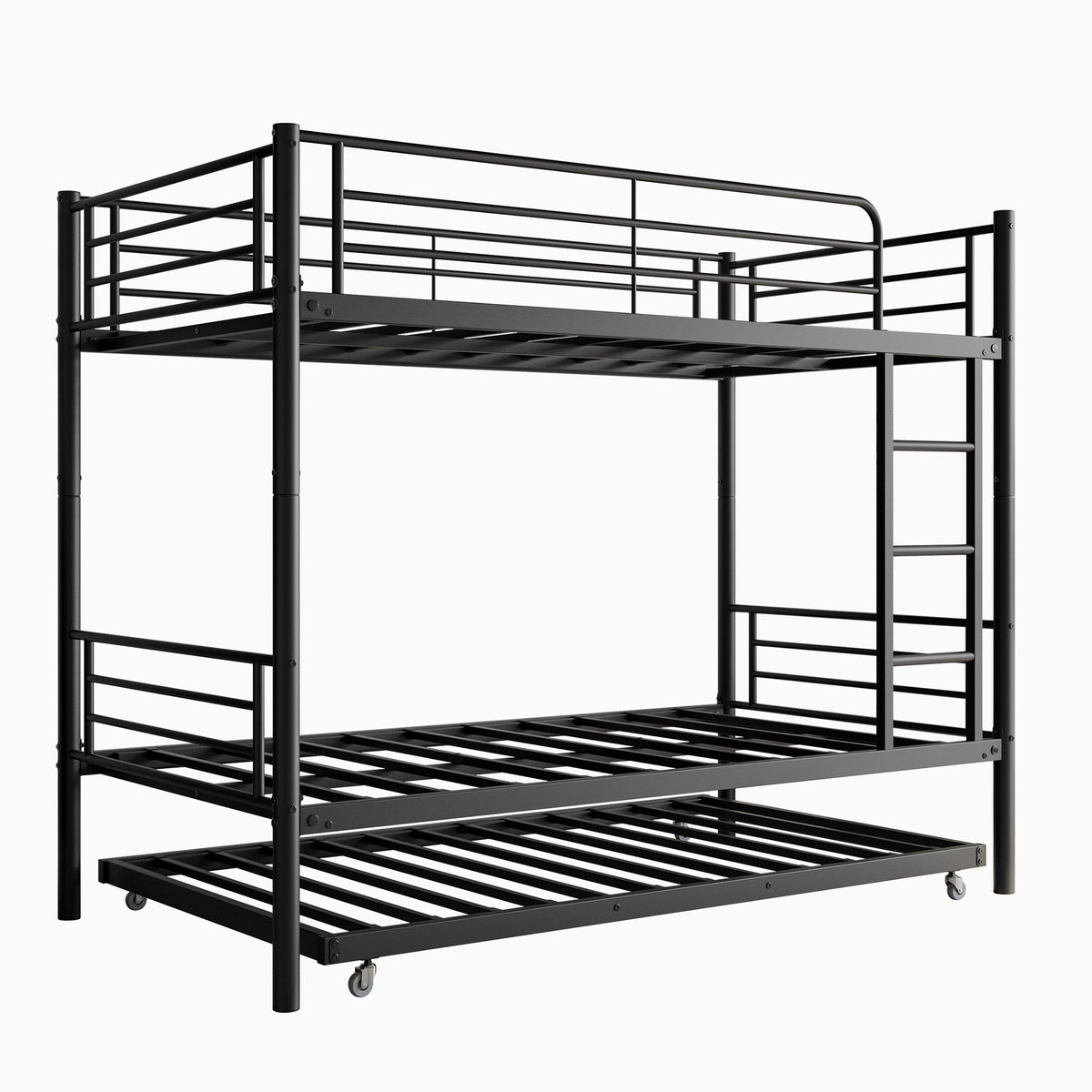 Twin Bunk Bed with Trundle Metal Bunkbeds with Ladder and Full-Length Guardrail, Noise Free, No Box Spring Needed, Black W840P196829-djyc