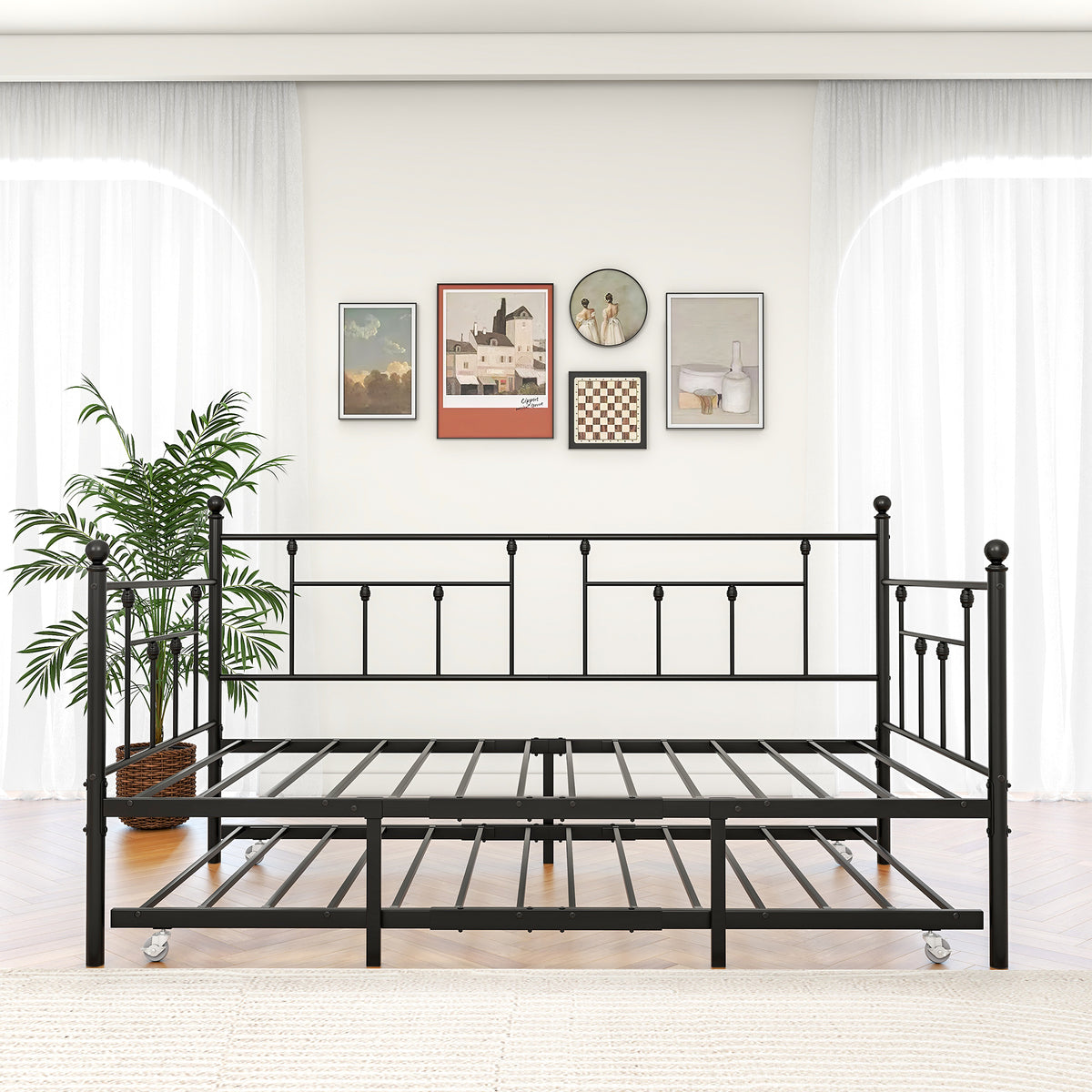 Metal Daybed Frame Twin Size Platform with trundle , No Box Spring Needed Black W840104493-djyc