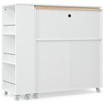 K&K Rolling Kitchen Island With Extended Table, Kitchen island on Wheels with LED Lights,Power Outlets and 2 Fluted Glass Doors, Kitchen Island with a Storage Compartment and Side 3 Open Shelves,White WF316018AAW-djyc