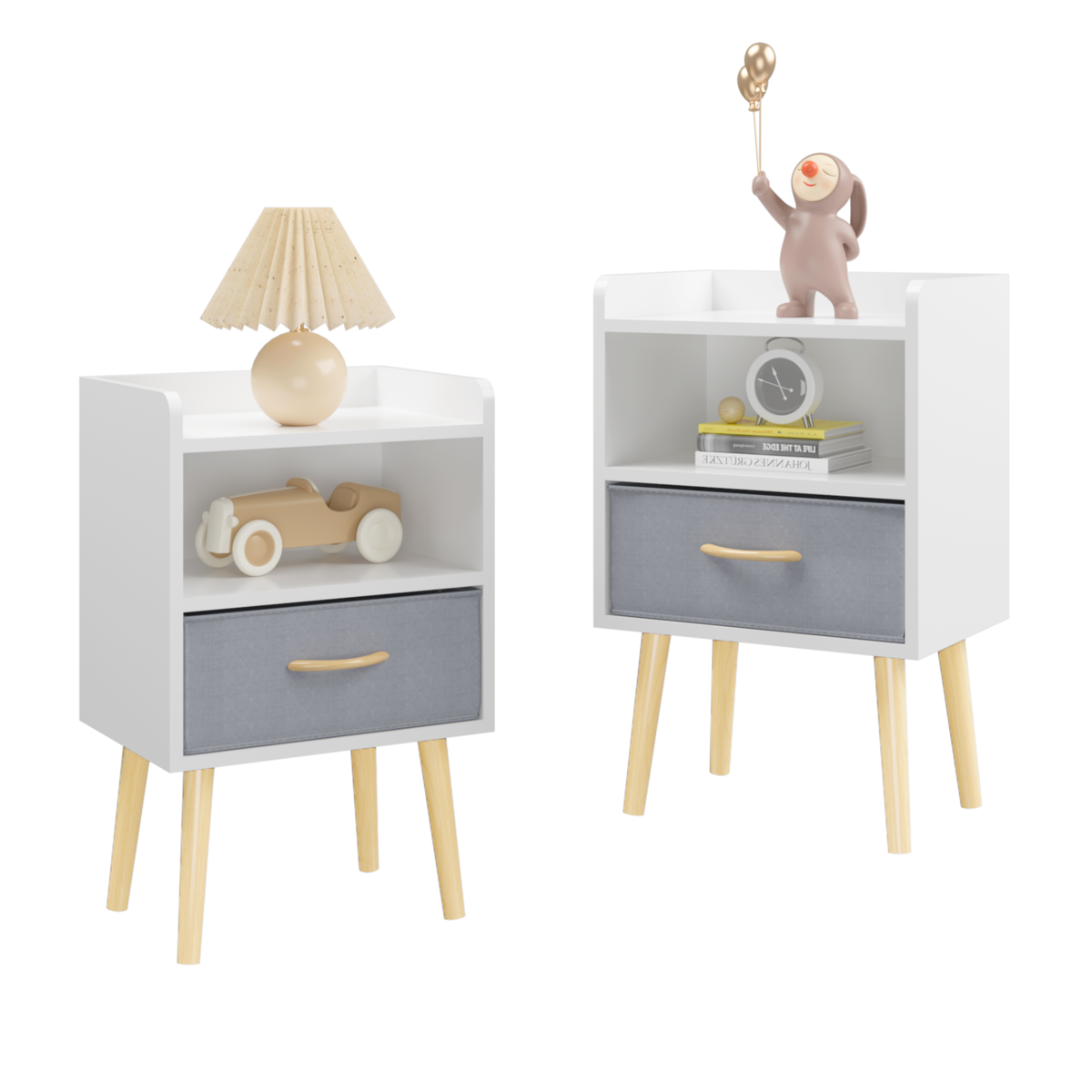 2PC Nightstand With Collapsible Fabric Drawer, 2-Tier Storage End Table, Wood Side Table with Storage Cabinet for Bedroom, Living Room - White W808P204530-djyc