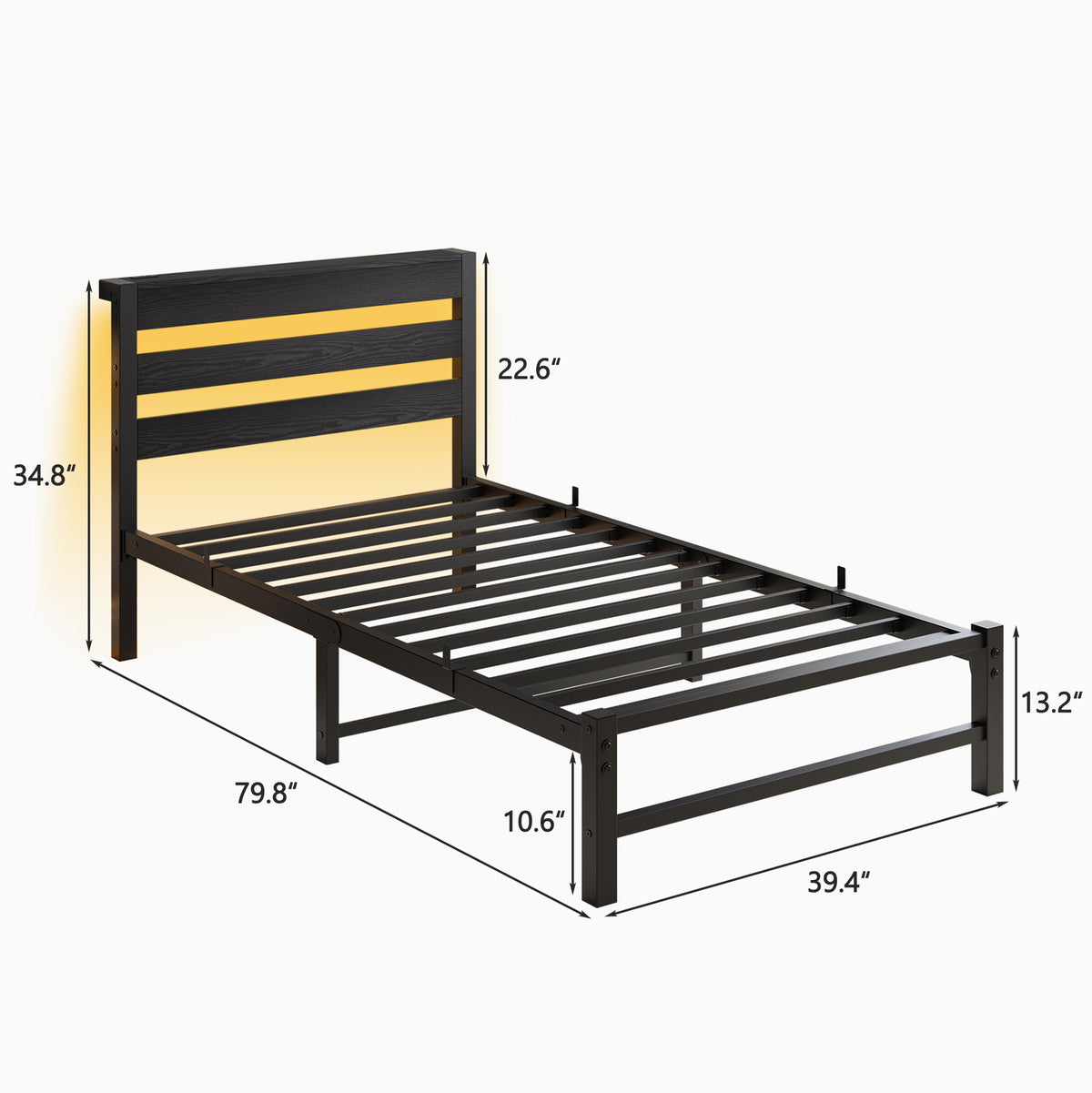 Twin Size Bed Frame Heavy Duty Platform Bed Frame with Headboard, USB Charging Station, LED Bed, No Box Spring Needed, Mattress Foundation, Strong Steel Slats, Noise Free, Black W840P209905-djyc