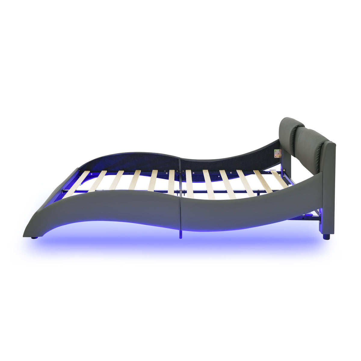 Queen Led Bed Frame Modern Faux Leather Upholstered Platform Bed Frame with RGB LED Lights and Headboard Wave Like Curve Low Profile Bed Frame,Wood Slats Support,Easy Assembly, Grey W487P169717-djyc