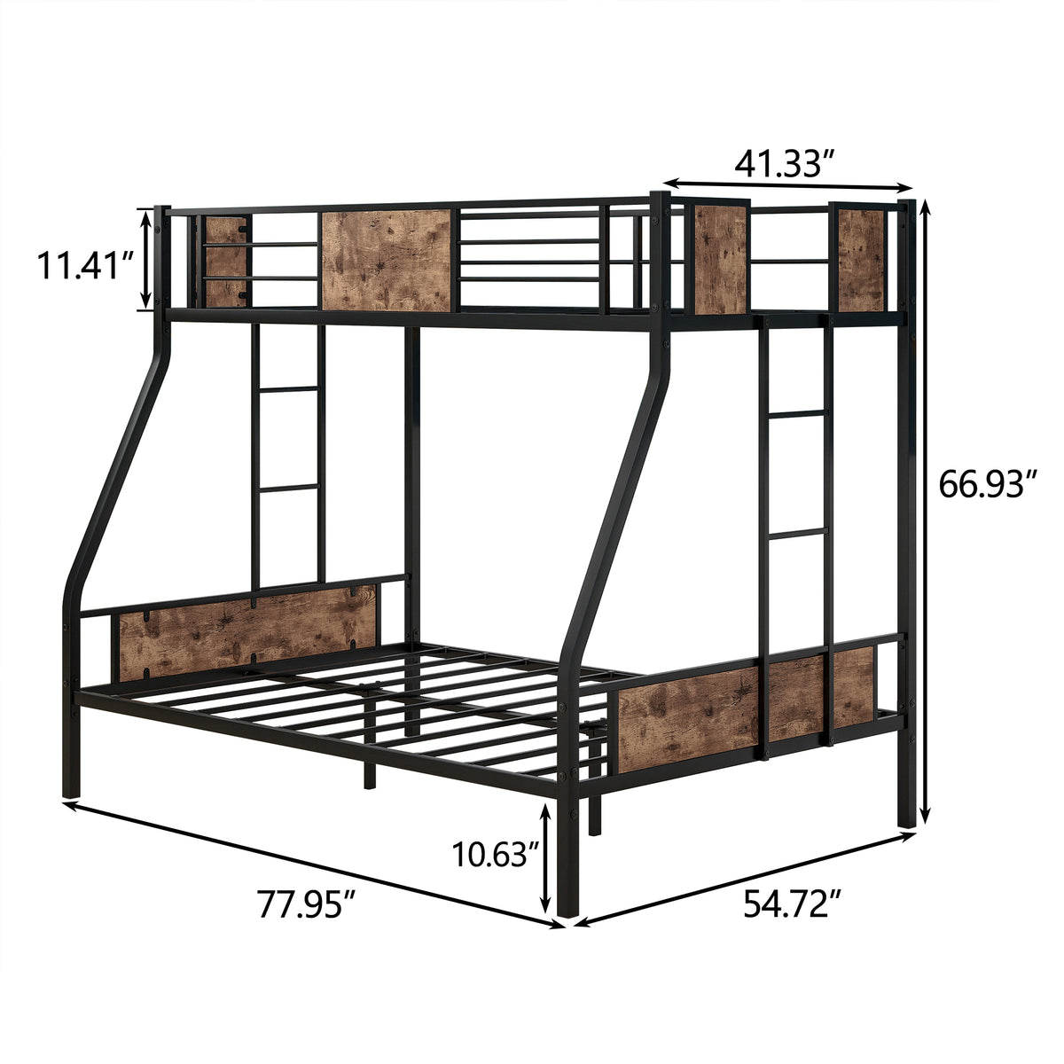 Twin Over Full Metal Bunk Bed, Heavy Duty Metal Bed Frame with Safety Rail , 2 Side Ladders & Decorative Wood ,No Box Spring Needed W840126707-djyc