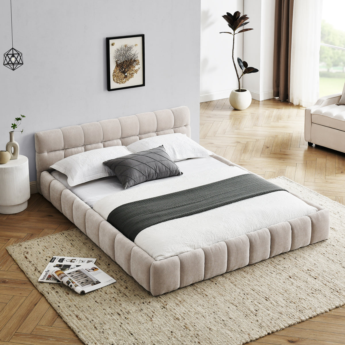Queen Size Upholstered Bed Frame with Thick Fabric, Chenille Fabric Grounded Queen Size Platform Bed with Headboard and Solid Frame. No Box Spring Needed, Beige(68''*86.5''*23.5'') W487S00220-djyc
