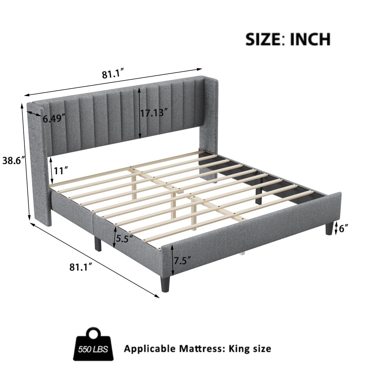King size Upholstered Platform Bed Frame with Headboard, Mattress Foundation, Wood Slat Support, Quiet, no Box Spring Needed, Easy to Assemble Light Grey W1793140460-djyc