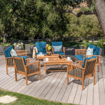 Outdoor Acacia Wood Sofa Set with Water Resistant Cushions, 8-Pcs Set, Brown Patina / Teal Blue 59116.00DT-2-djyc