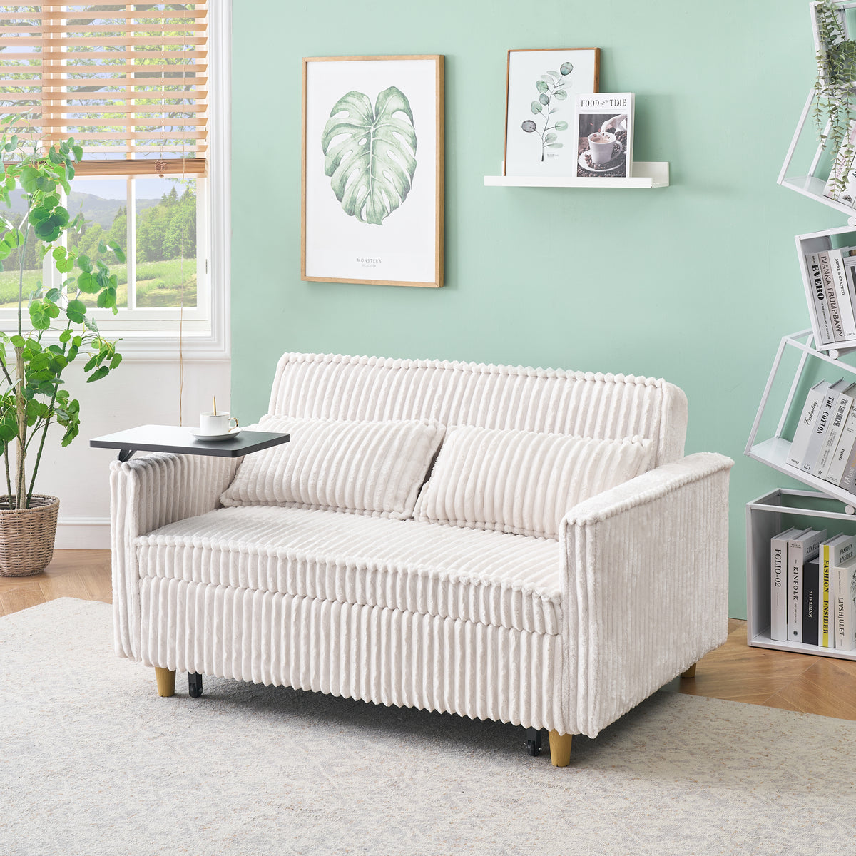 The pull-out and push-in beige corduroy sofa with dual functions, equipped with a movable tabletop and USB ports, is suitable for use in living rooms and bedrooms. W1278P248126-djyc
