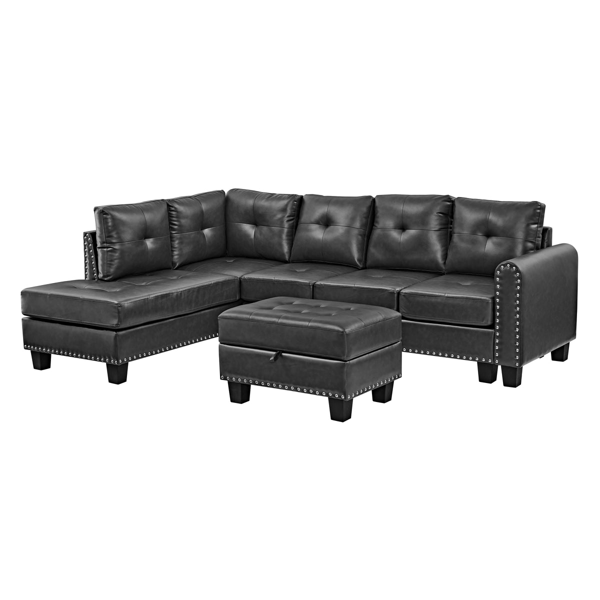 Sectional 3-Seaters Sofa , reversible recliner, Storage pad and wood grain cup holder, Non-slip leg, pu, black W487S00241-djyc