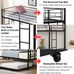 Over Twin Bunk Bed Frame with Trundle,Metal Bunkbed with Sturdy Guard Rail and 2 sideLadders for Kids/Adults,Can be Divided Into Two Beds, No Box Spring Needed, Noise Free for Dorm,Black W1916115338-djyc