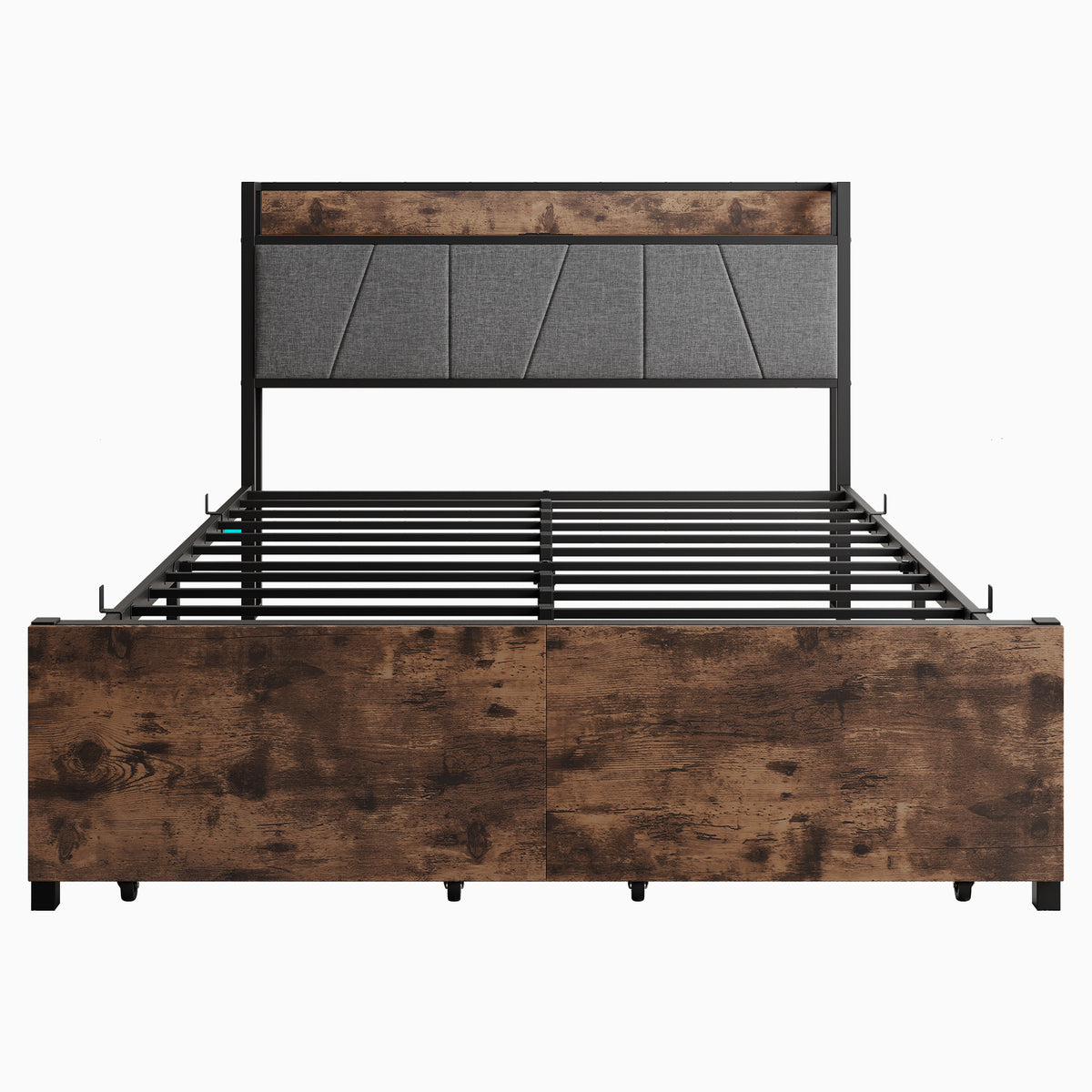 Full Size Bed Frame, Storage Headboard with Charging Station and 2 Storage Drawers,Vintage Brown and Gray W840137806-djyc