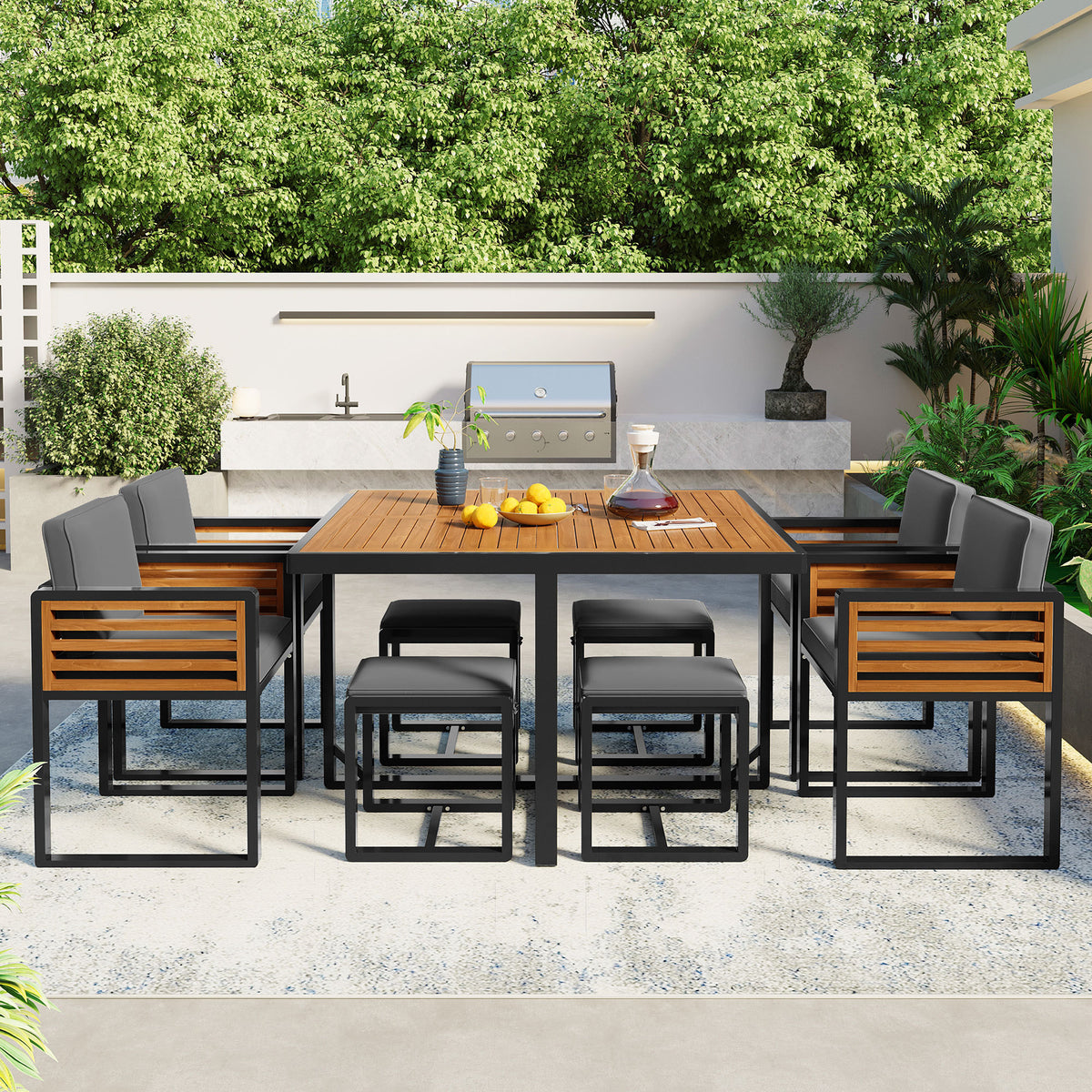 GO 9-Pieces Acacia Wood Patio Dining Set, Space Saving Outdoor Patio Set, 4 Cushioned Chairs & 4 Ottomans & 1 Square Table, for Backyard, Garden, Deck and Poolside, Gray N704G201240E-djyc