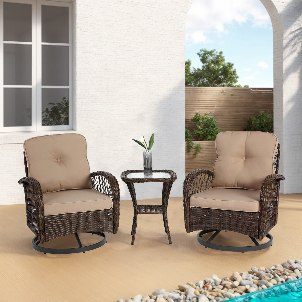 3 Pieces Outdoor Swivel Rocker Patio Chairs, 360 Degree Rocking Patio Conversation Set with Thickened Cushions and Glass Coffee Table for Backyard, Khaki W640P263673-djyc