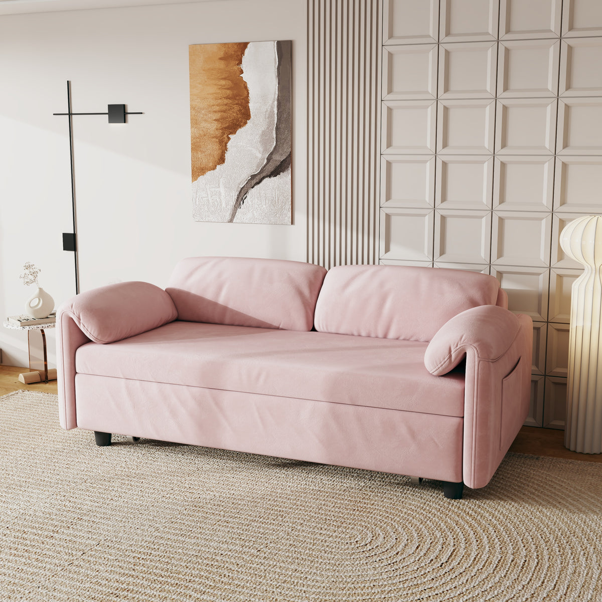 Sofa at the Forefront: 54-inch Velvet Pink Sofa Bed for Multi-purpose Living Spaces, Featuring a Retractable Bed W1278127956-djyc