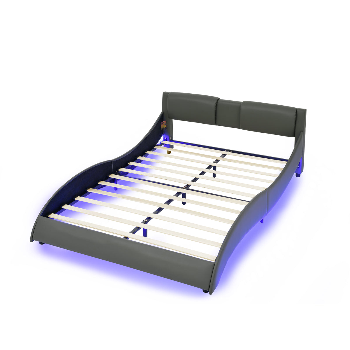 Queen Led Bed Frame Modern Faux Leather Upholstered Platform Bed Frame with RGB LED Lights and Headboard Wave Like Curve Low Profile Bed Frame,Wood Slats Support,Easy Assembly, Grey W487P169717-djyc