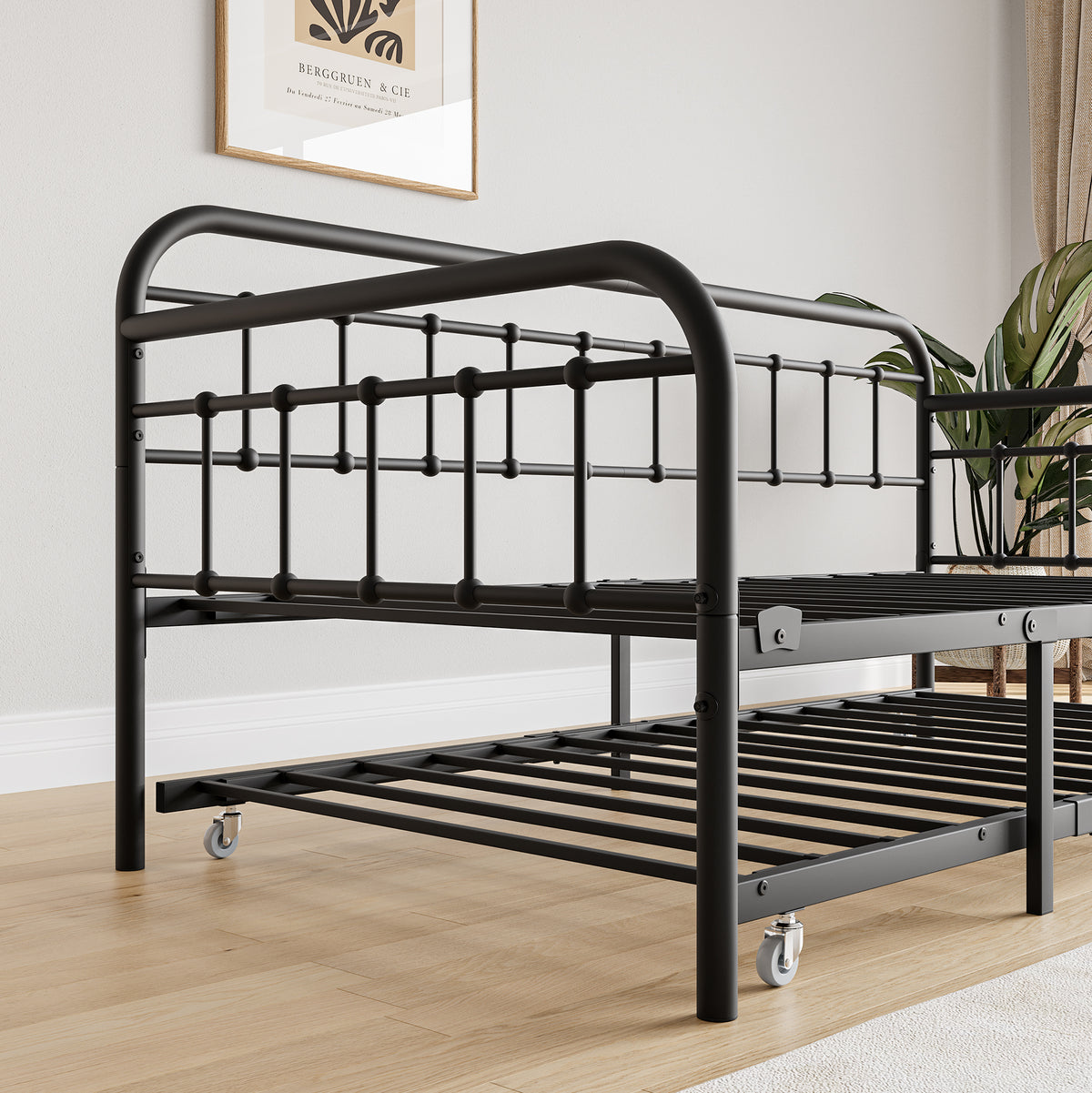 Twin Size Metal Daybed Frame with Trundle, Heavy Duty Steel Slat Support Sofa Bed Platform with Headboard, No Box Spring Needed, Black W840103518-djyc