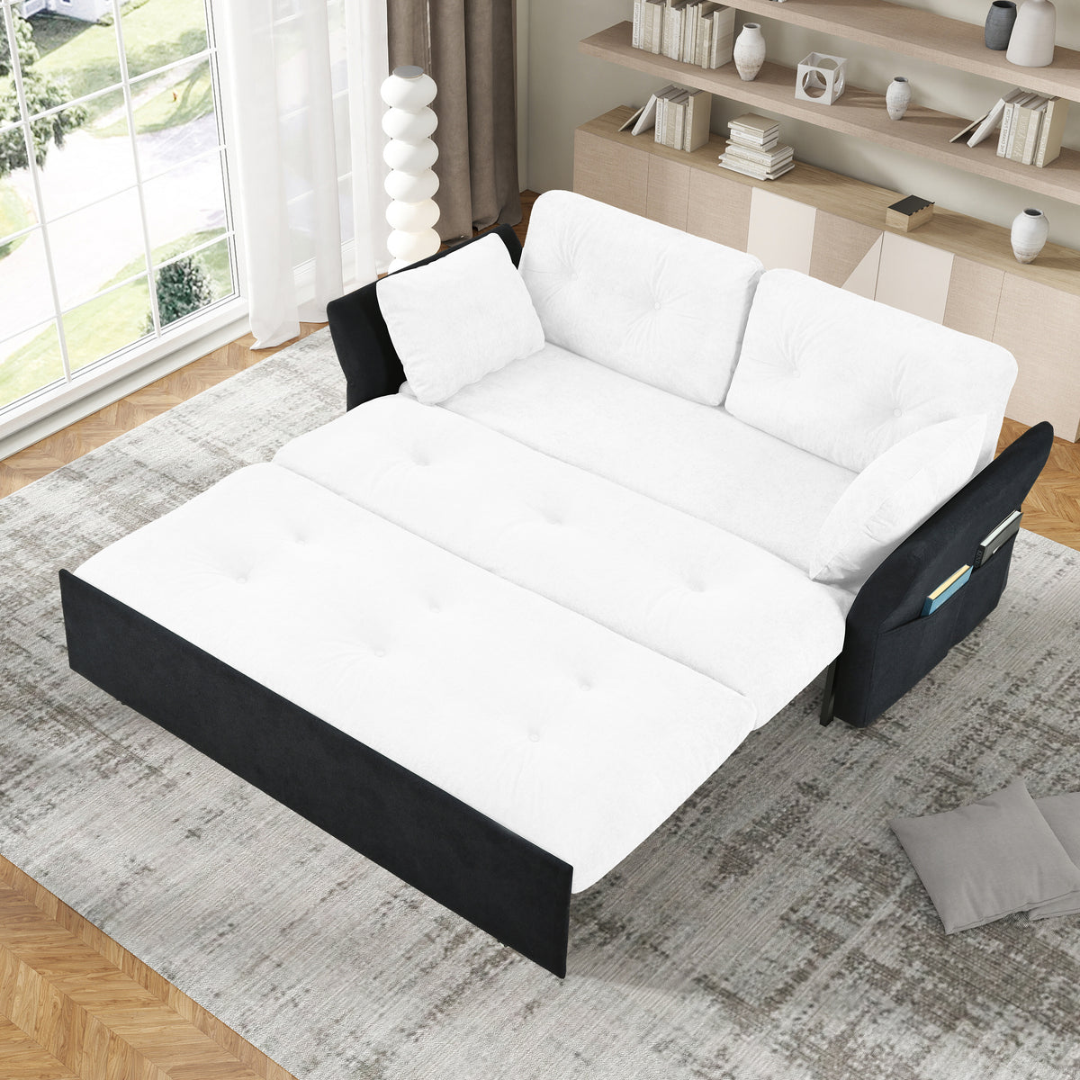 Convertible Pull Out Sofa Bed Queen Size, 3-in-1 Convertible Sleeper Couch with Thicked Cushions and Side Storage,Multi-Functional chenille Loveseat Sofa for Living Room,Bedroom,Apartment,Office,White W3163P269663-djyc