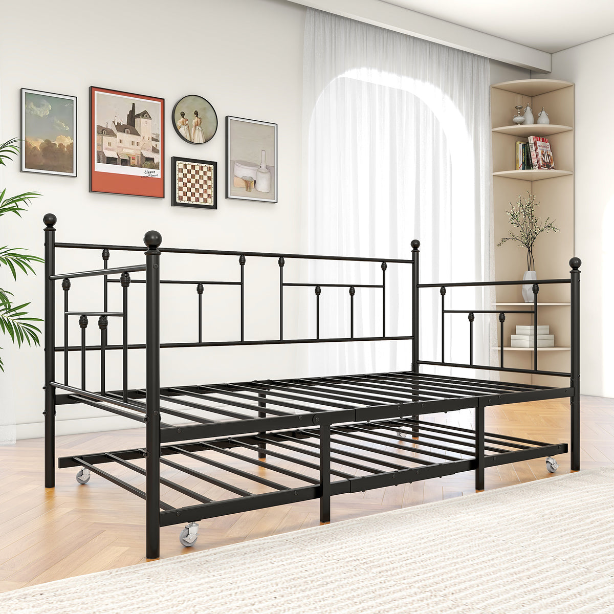 Metal Daybed Frame Twin Size Platform with trundle , No Box Spring Needed Black W840104493-djyc