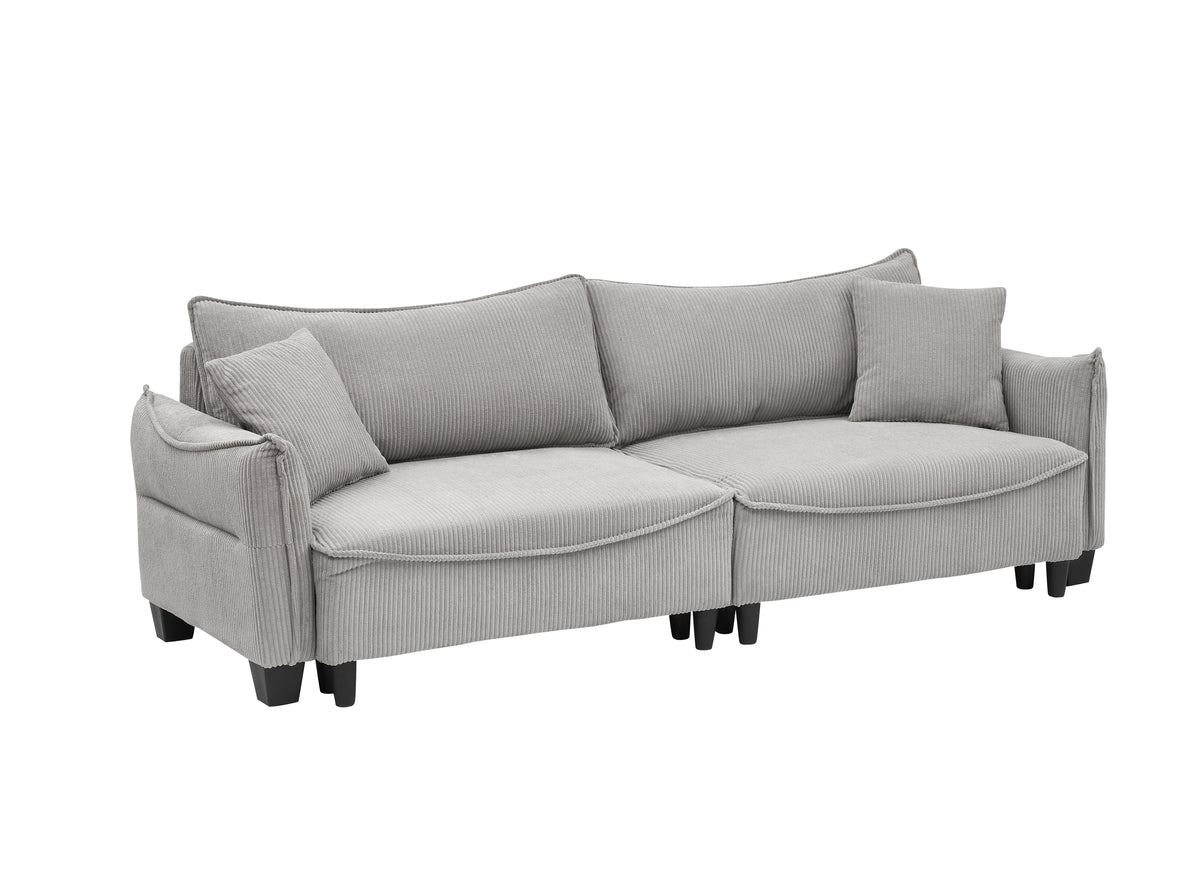 Sofa with Grey Corduroy Fabric, Convertible to Sofa Bed with Two Throw Pillows: Perfect for Living Rooms & Versatile Spaces W1278S00041-djyc