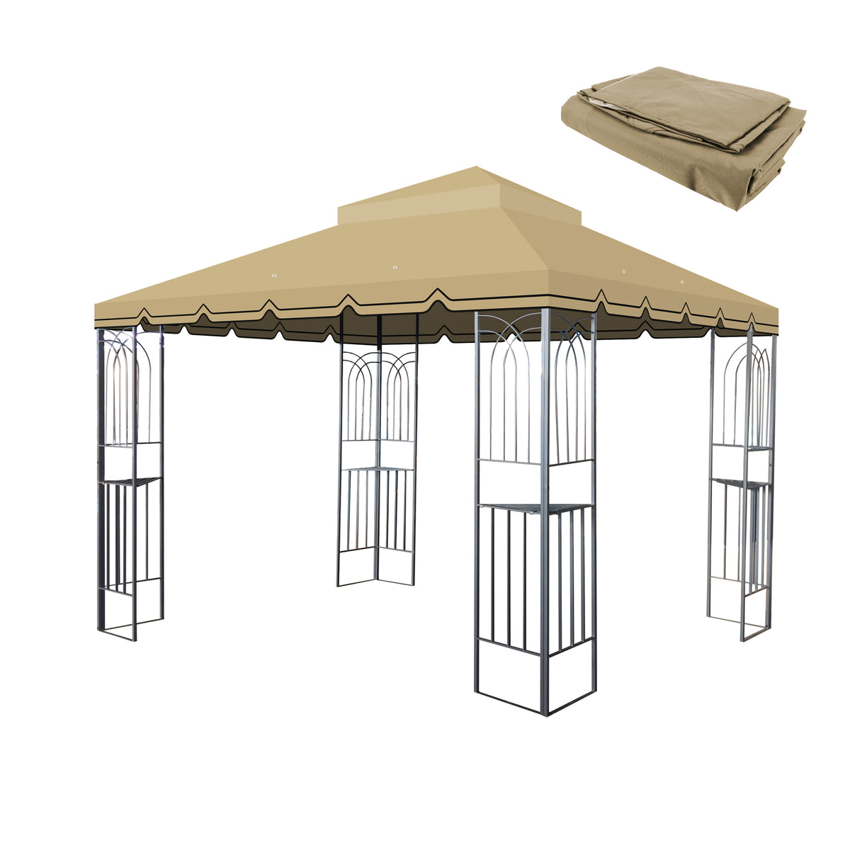 10x10 Ft Outdoor Patio Gazebo Replacement Canopy,Double Tiered Gazebo Tent Roof Top Cover Only Greatwall border(Frame Not Include)-Tan W419P198363-djyc