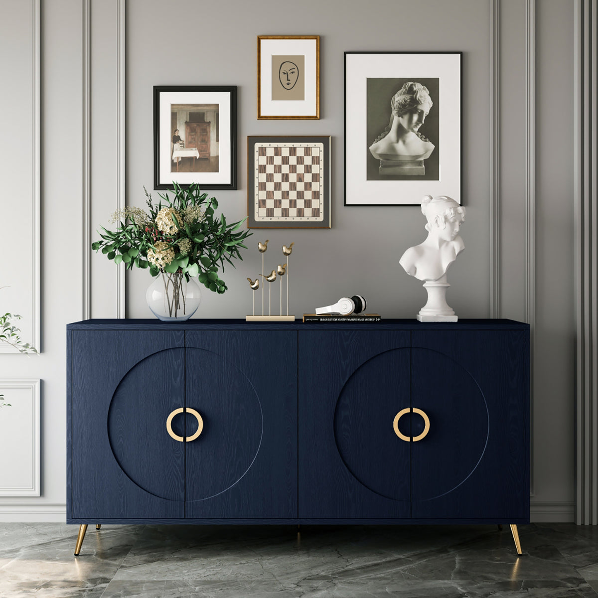 Modern Lacquered 4 Door Wooden Cabinet Sideboard Buffet Server Cabinet Storage Cabinet, for Living Room, Entryway, Hallway, Office, Kitchen and Dining Room, Navy Blue W1435P191610-djyc