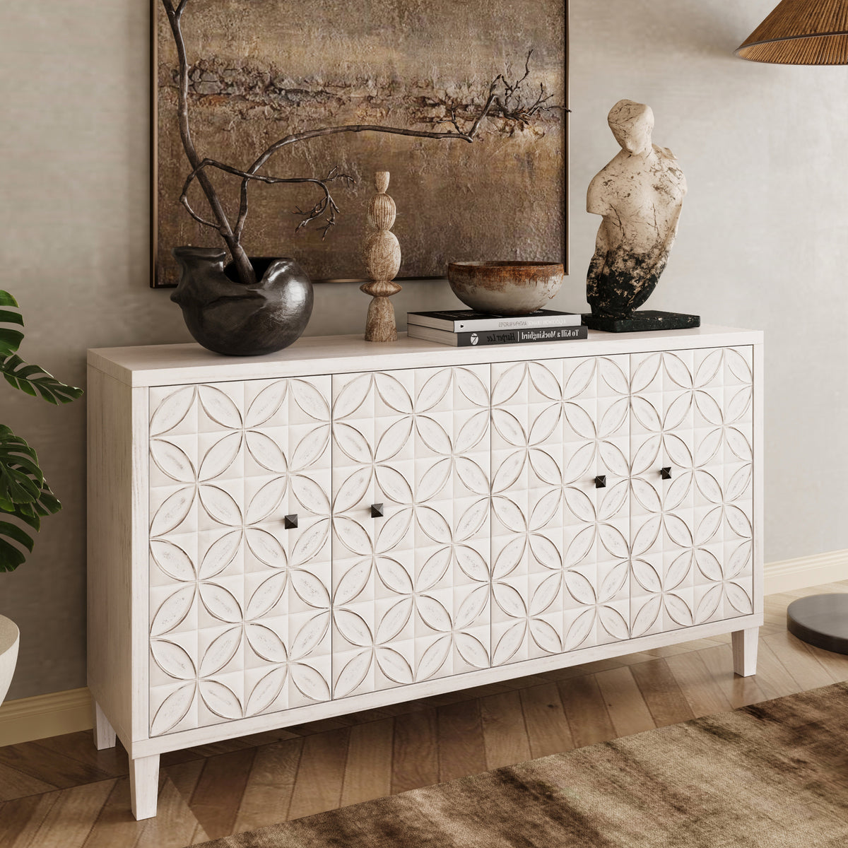 Accent Cabinet 4 Door Wooden Cabinet Sideboard Buffet Server Cabinet Storage Cabinet, for Living Room, Entryway, Hallway, Office, Kitchen and Dining Room, White Wash W1435P153086-djyc