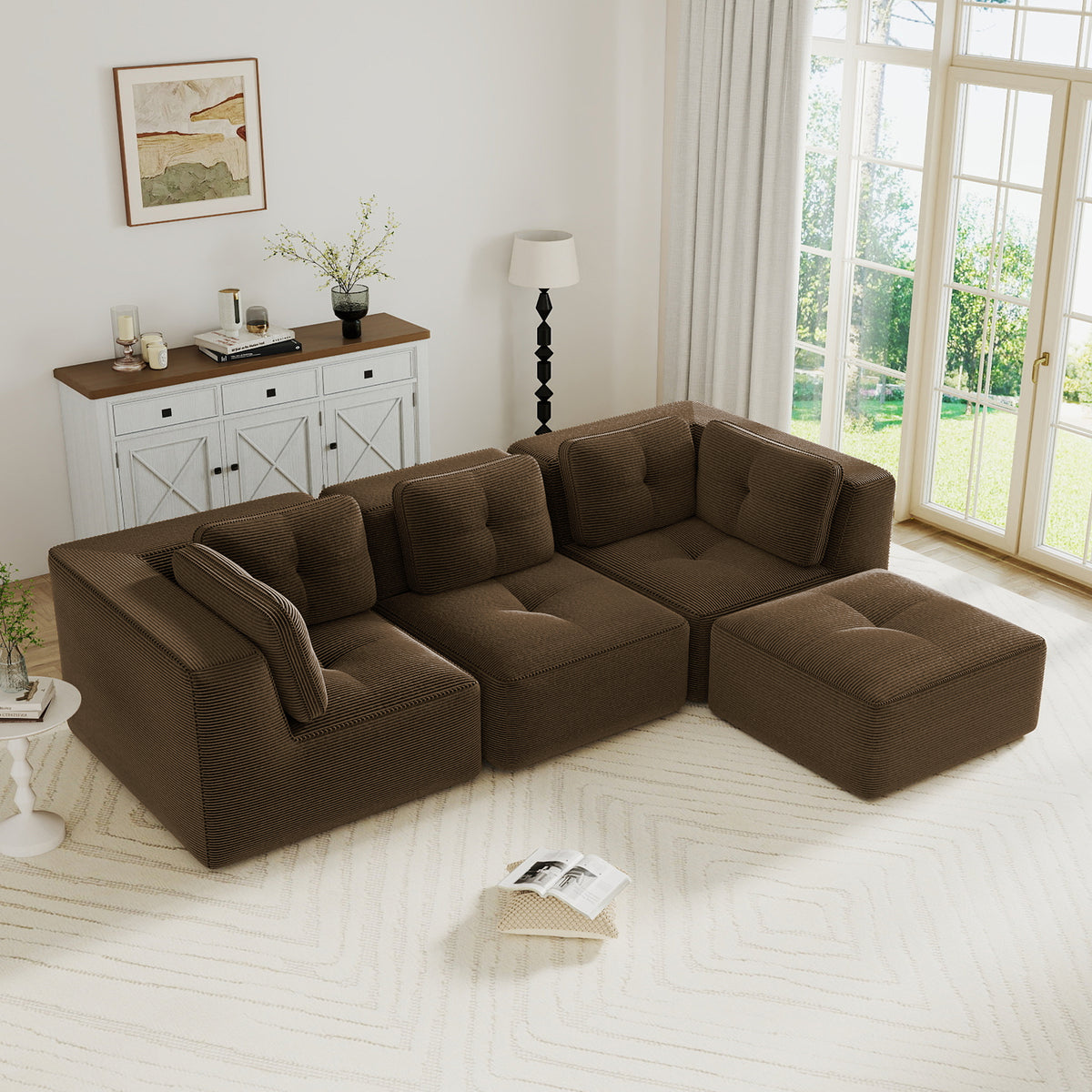 Modern Modular Sectional Sofa for Living Room, Corduroy Fabric,3-Seater Couch with Deep Seat and Movable Ottoman,Pearl-like piping, Tufted Design, No Assembly, Anti-slip Design, Brown-W714S01808