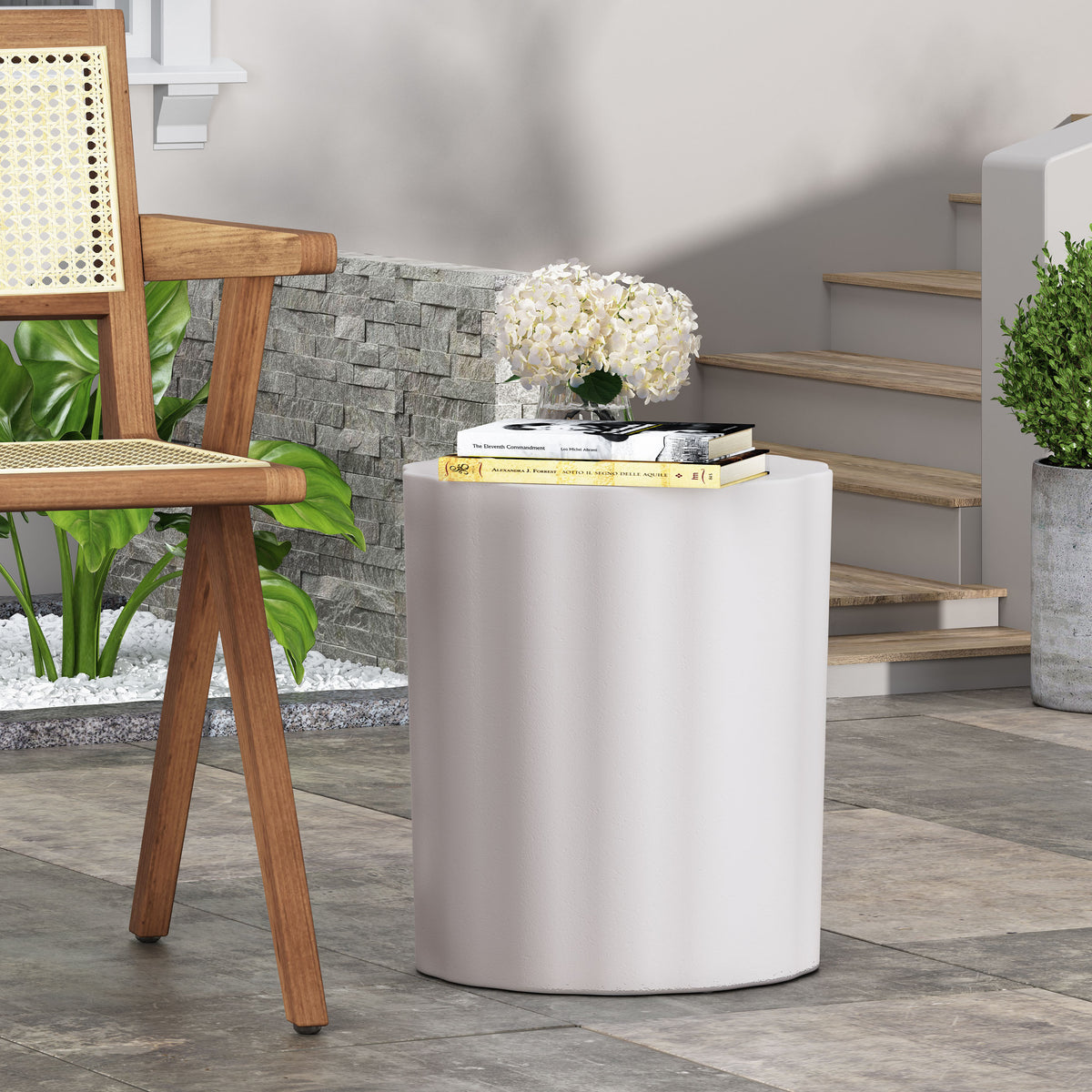 Fluted Cylindrical End Table – Modern, Lightweight Concrete, No Assembly, Perfect for Outdoor Spaces 73434-djyc
