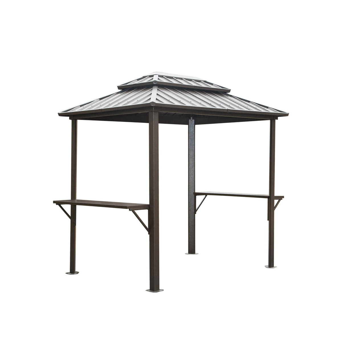 Grill Gazebo 8' × 6', Aluminum BBQ Gazebo Outdoor Metal Frame with Shelves Serving Tables, Permanent Double Roof Hard top Gazebos for Patio Lawn Deck Backyard and Garden (Brown) W1859S00037-djyc