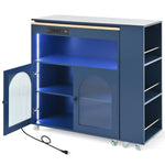 K&K Rolling Kitchen Island With Extended Table, Kitchen Island on Wheels with LED Lights,Power Outlets and 2 Fluted Glass Doors, Kitchen Island with a Storage Compartment and Side 3 Open Shelves, Navy WF316018AAN-djyc
