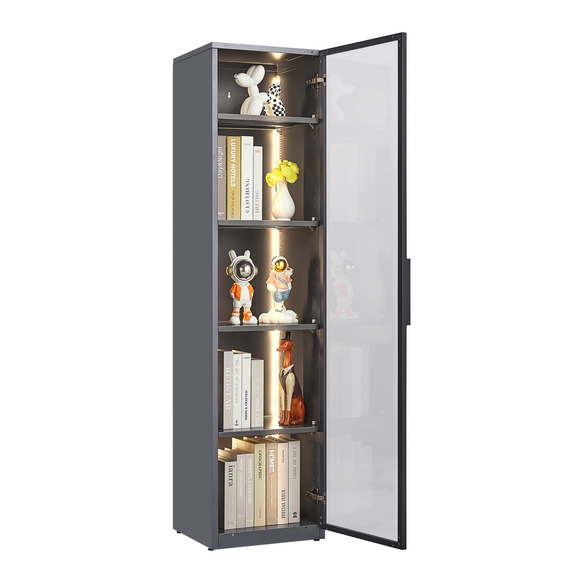 Single Glass Door Metal Storage Cabinet for Storing Photo Frames, Models, Handicrafts Display Cabinets with Removable Dividers and LED Light Strips, Suitable for Living Room, Study, and other places. W2385P152326-djyc