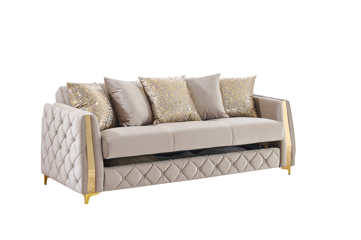 Lippa Upholstered Sofa in Taupe Fabric with Gold Stainless Steel Legs, Foam Cushioning and Sturdy Wood Frame-B009S02238